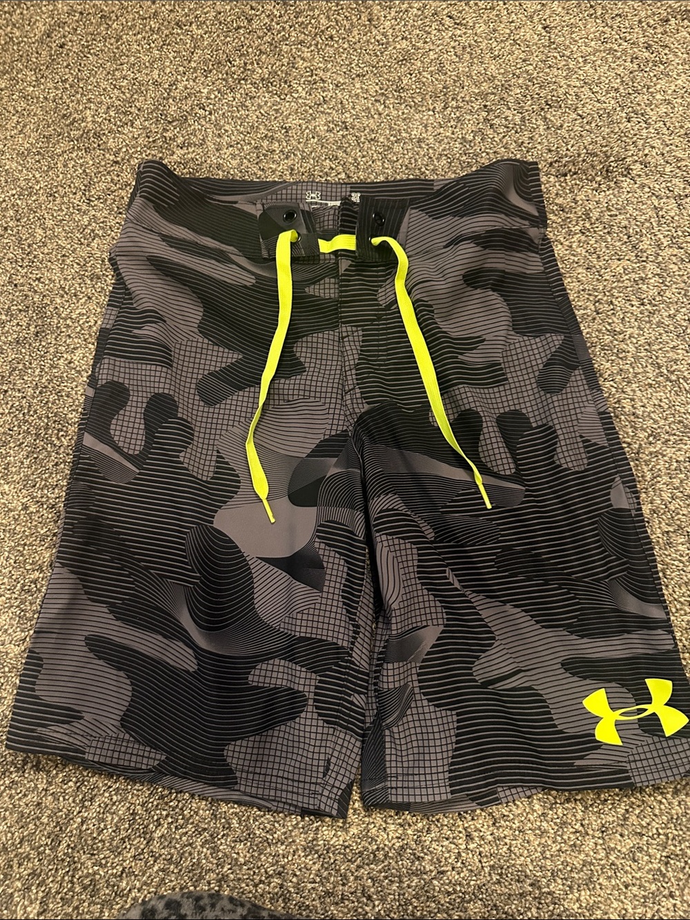 Under Armour Men’s Gray Camo Swim Board Shorts with Neon Yellow Drawcord